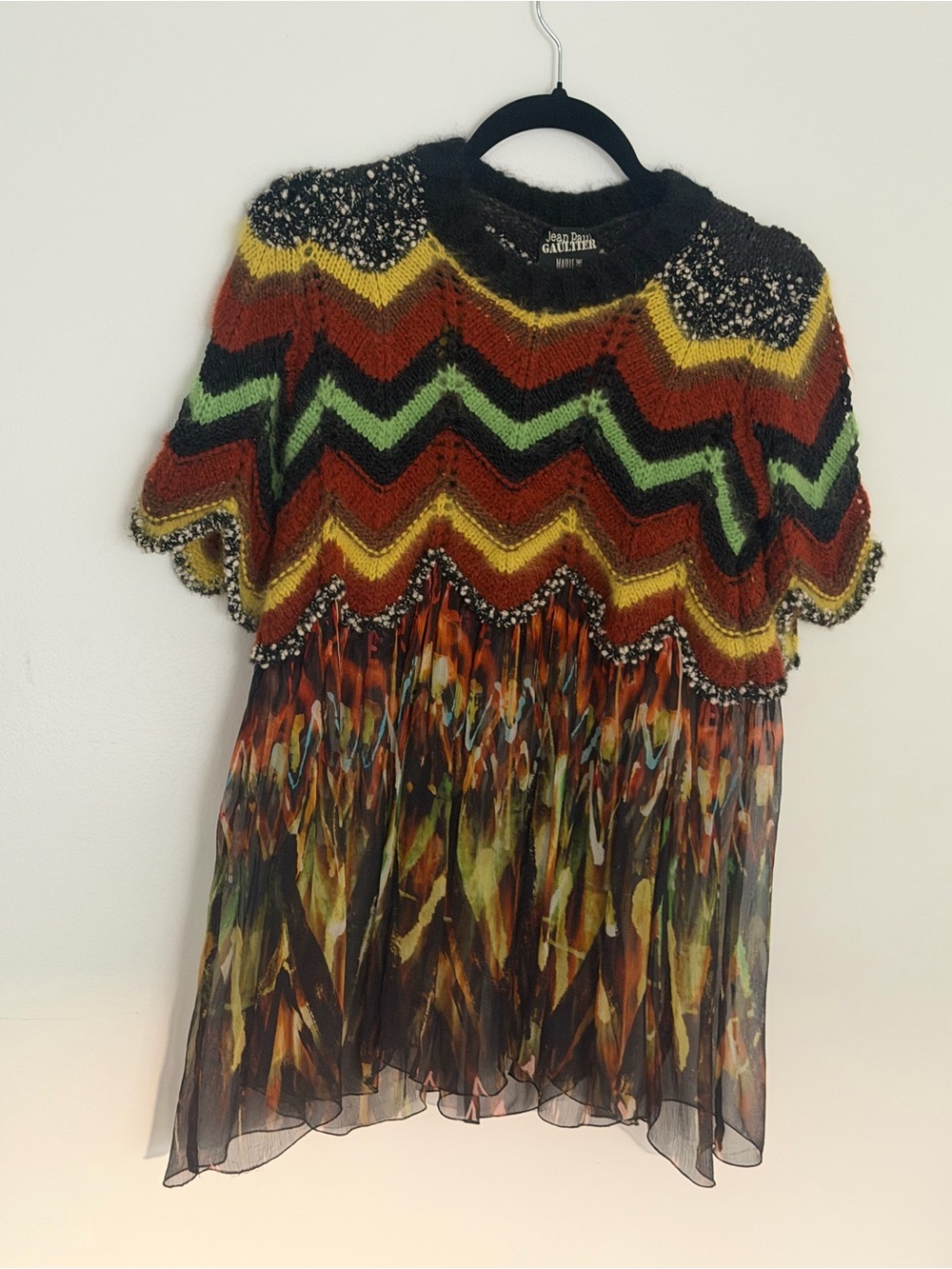 Rare vintage Jean Paul Gaultier Knit Tunic with Printed Chiffon Hem